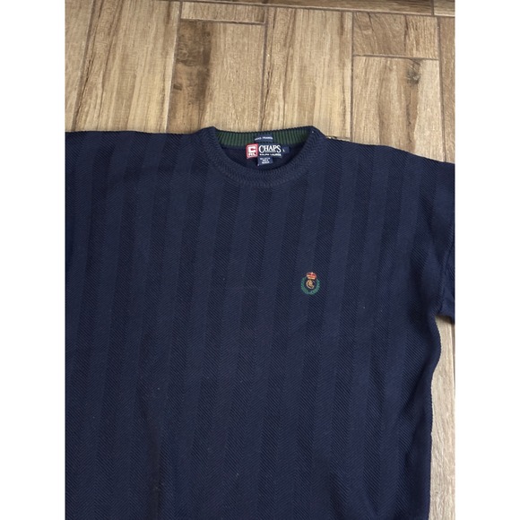 Vtg 90s Chaps Ralph Lauren Sweater Large Navy Crewneck Cotton Herringbone Knit - Picture 3 of 10